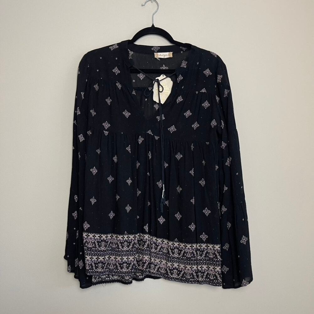 NWT‎ Altar'd State Black Purple Boho Tiered V neck Flare Sleeve Blouse Sz S